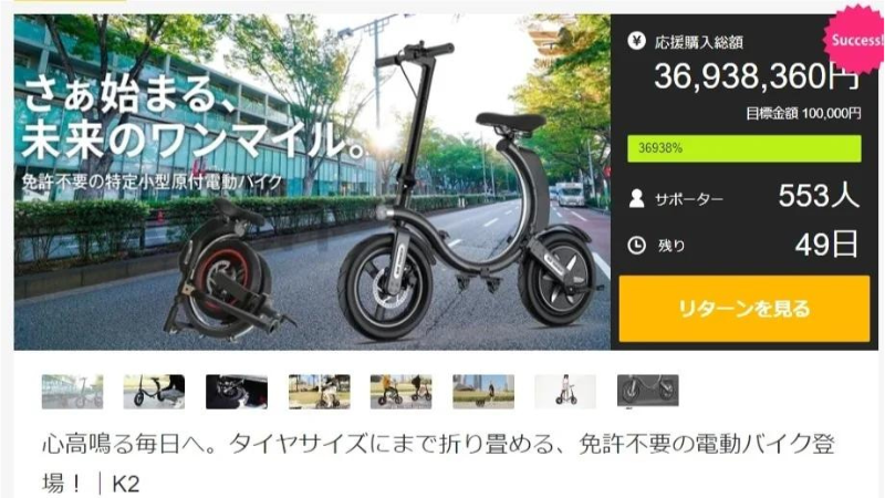 注目の電動バイク「SWIFT HORSE K2」プロジェクト開始1ヶ月で3600万円突破！
